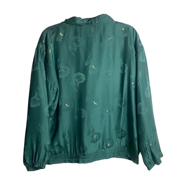 Vintage Abvien Size M Silk Bomber Jacket Green Metallic Gold Floral Full Zip 80s - Picture 5 of 8